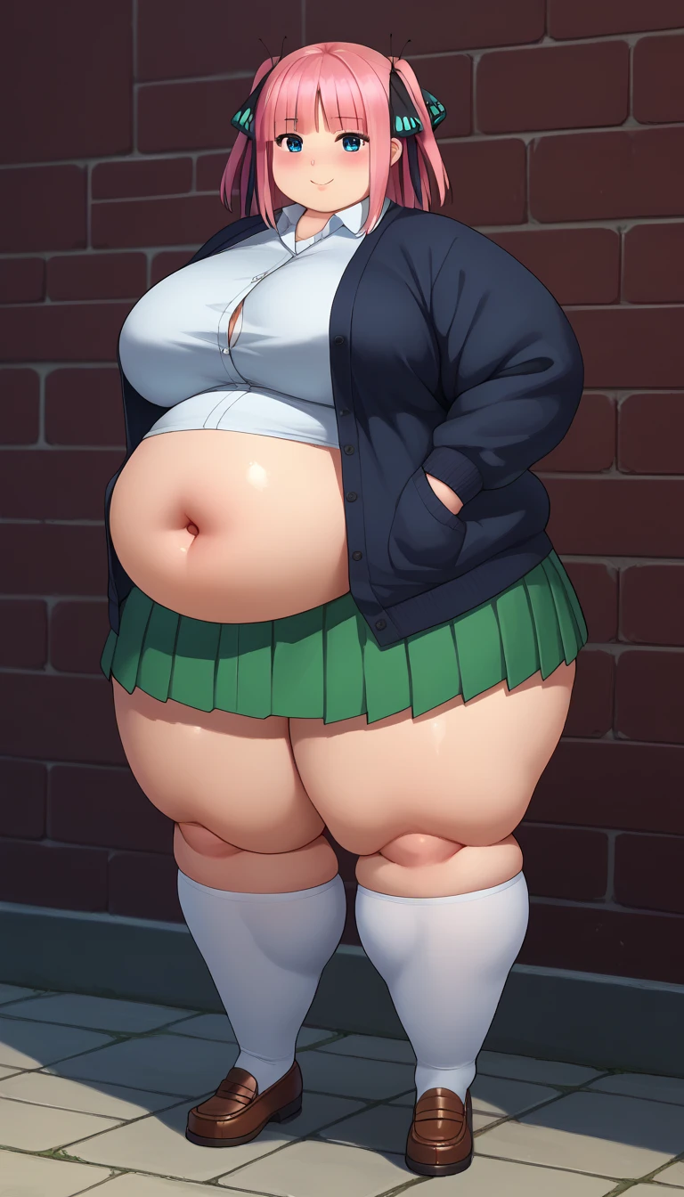 masterpiece, best quality, high resolution , mini skirt, white sweater, pleated skirt, socks, standing, cowboy shots, show off panties, show off ass, look down,closeup, massive thighs, plump, huge hips, huge ass, massive ass, gigantic ass, ass too big to fit in skirt, smug smile, looking at viewer, flirting, lifting up skirt, green panties, wedgie, teasing, smug smile, chubby belly, bright lipstick, thick, thick lips, chubby, fat, wide, looking down at viewer, showing front of panties, standing in front of viewer, no panties, fat belly, wobbly belly, ribbons in hair, belly sagging, belly showing, clothes too small, obese, overweight, flirty, lifting up shirt, massively fat, tight clothes, ripping out of clothes, vore belly, someone in belly