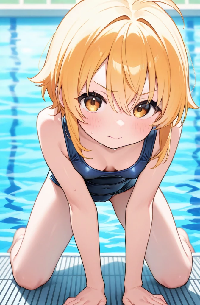 amicia michella - nijisanji, anime style, 1girl, brown short hair, yellow inner hair, wavy hair, green eyes, detailed eyes, midriff, girly face, blushed, seductive, wide hips, thick thighs, huge round ass, flat chested, (((full flat chest))), full body, dynamic pose, thong, pool, absurdres, high res, ultrasharp, 8K, masterpiece, looking at viewer