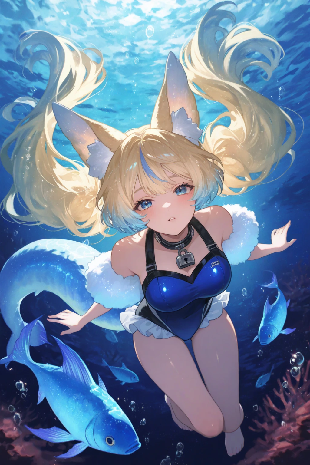 Throat focus, rain poncho, shark hat, rabbit ears, hat and shark fusion, back of throat, camera gaze, tongue sticking, large amount of saliva, invitation, (pupil is heart shaped), kneeling, colorful school of fish, colorful coral reef, school swimsuit, active pose, pigtails, small, city pop color, female brat, thick eyebrows, thin waist, beautiful blonde, braid, (masterpiece), (( Best Quality)), (Super Detailed), Girl, Clean and Detailed Face, Five Fingers, Textile Shading, Perfect Anatomy,