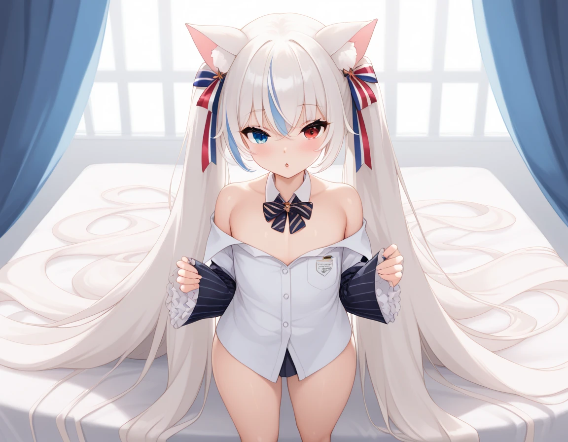 1girl,èŽ‰å¦®äºš,Orejas de gato,cana,pelusa de oreja animal,flequillo,cat girl,ojos rojos,Ahoge,pelo corto,colmillo,pelo entre los ojos,pupilas cortadas, senos grandes y expuestos, 
Cola de gato,chaqueta blanca,Camisa blanca,falda plisada,falda roja,belt buckle,bowtie,gargantilla,escote expuesto,Camisa con cuello,full bodied,mangas largas,Chaqueta abierta,Uniforme escolar,Disparo de vaquero, arms  behind  back,Mordaza de tela,mouth hold, ropa rasgada, pink nipple, cuerpo completo, falda un poco caida,bragas rosas, Muslos de color de piel güero, perspectiva del cuerpo completo, Exposed private parts, opening his private parts with his fingers, covering the private part with one hand,todo el cuerpo mojado,grabbing a carrot that he is putting in his private part,(NFSW) tapandose un pecho con una mano, avergonzada
