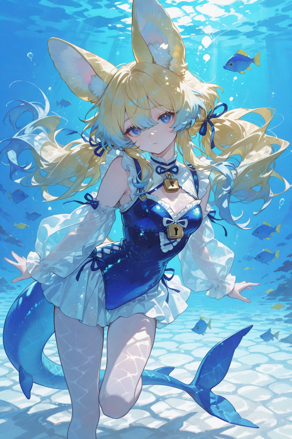 multicolored hair, white hair, ahoge, green hair, hair behind ear, hair spread out, split ponytail, heart ahoge, fish hair ornament, ribbon, color contact lenses, yellow eyes, kemonomimi mode, animal ears, fox ears, nose blush, seductive smile, grin, makeup, lonely, Art Deco, rococo style, Luminism, Northern Renaissance, Fujicolor, halftone, vignetting, close-up, dutch angle, wide shot, f/1.2, UHD, retina, masterpiece, 4K, super detail