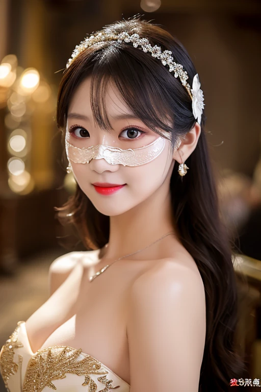((masterpiece: 1.4, best quality))+,(ultra detail)+, official art, unity 8k wallpaper, ultra detail, beautiful, high quality, Highlight your cute face, masterpiece, best quality, (The brightly lit pro wrestling ring was packed with spectators.:1.37), medium length straight hair, (brown eyes, brown hair), bust, looking straight ahead, Smiling brightly, (white lace, thin, A revealing pink lingerie with no straps. :1.37), colorful earrings, (beautiful 눈:1.3), (Cover your face with a Venetian mask:1.4)