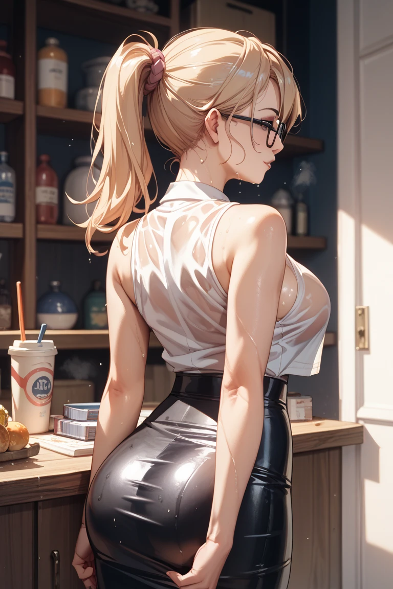 top-quality、Top image quality、masterpiece、girl with((18year old、Best Bust、big bast,Beautiful blue eyes、Breasts wide open, Blonde ponytail、A slender,Large valleys、Black hoodie、White pants、Sleeveless、Ruby Earrings、lean against the wall))hiquality、Beautiful Art、Background with((great salon at night、cool illumination、Black walls、White table、Black Bookshelf、Black Chest of Drawers、Aroma diffuser)))、,masutepiece、visualart、depth of fields、