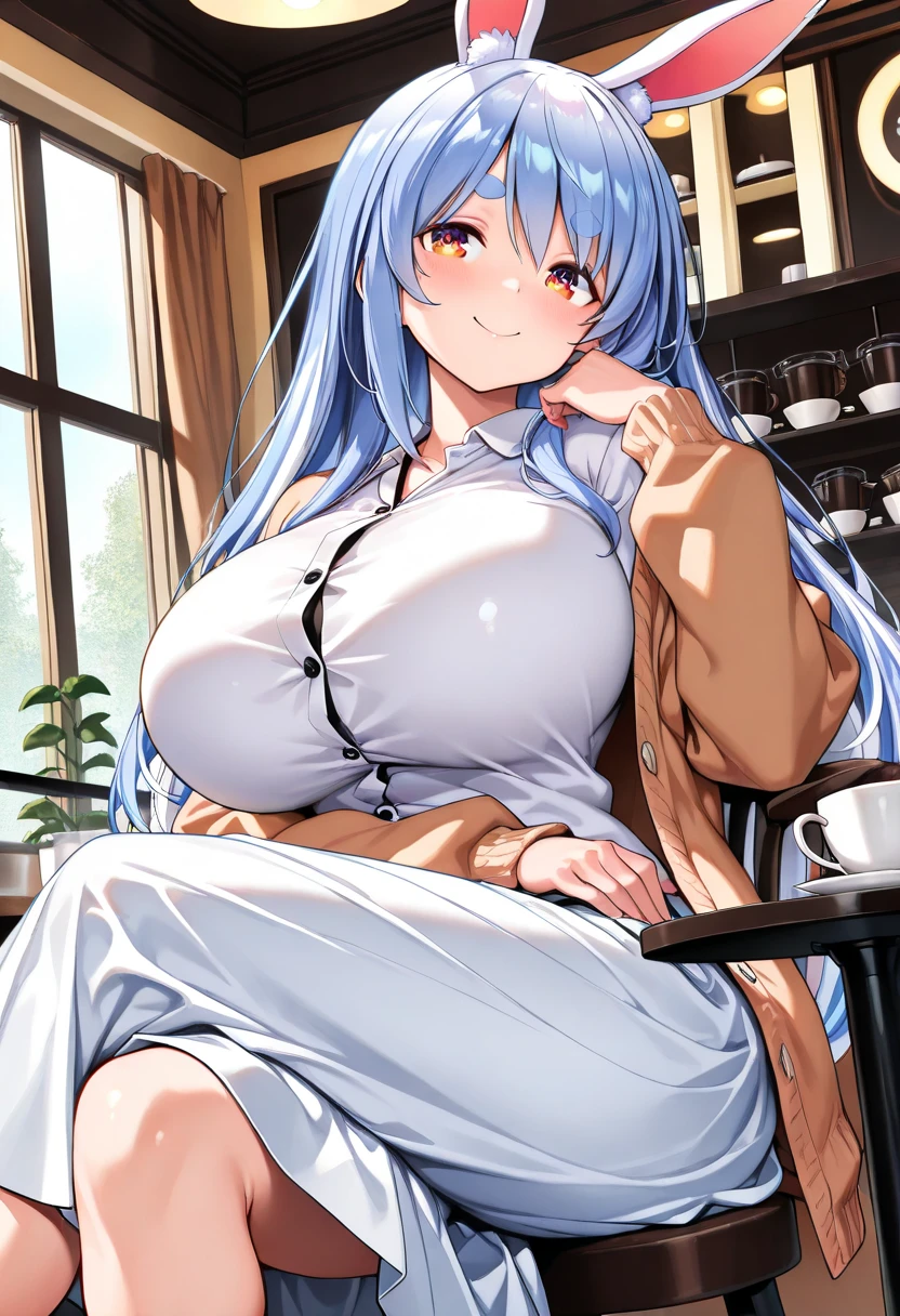 (masterpiece, Highest quality, so beautiful, Super detailed), Intricate details,
One girl, echidna \(Again:zero\), Again:zero kara hajimeru isekai seikatsu, Gray Hair, coloAgaind eyelashes, White eyelashes, Bright Eyes, Purple eyes, Long Hair, Side Lock, Black capelet, black dAgainss, layeAgaind dAgainss, Butterfly Hair Ornament, Chair,  Sitting, blush,, Thighs, Large Breasts, whole body, pose Vulgar, Vulgar, pechos Vulgares, Very large neckline, Large Breasts,Coffee in hand, Breast milk, 