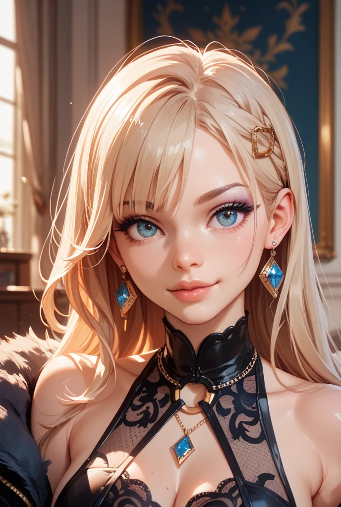Princess , in lighting castle , detailed hand , high quality, super quality, (detailed face:1.2), beautiful woman , golden eyes, long hair , gorgeous dress, tiara, necklace , earring , sharpe eyebrow , beautiful bangs are covering her eyes , mega breast ,platinum blonde hair hair , smile