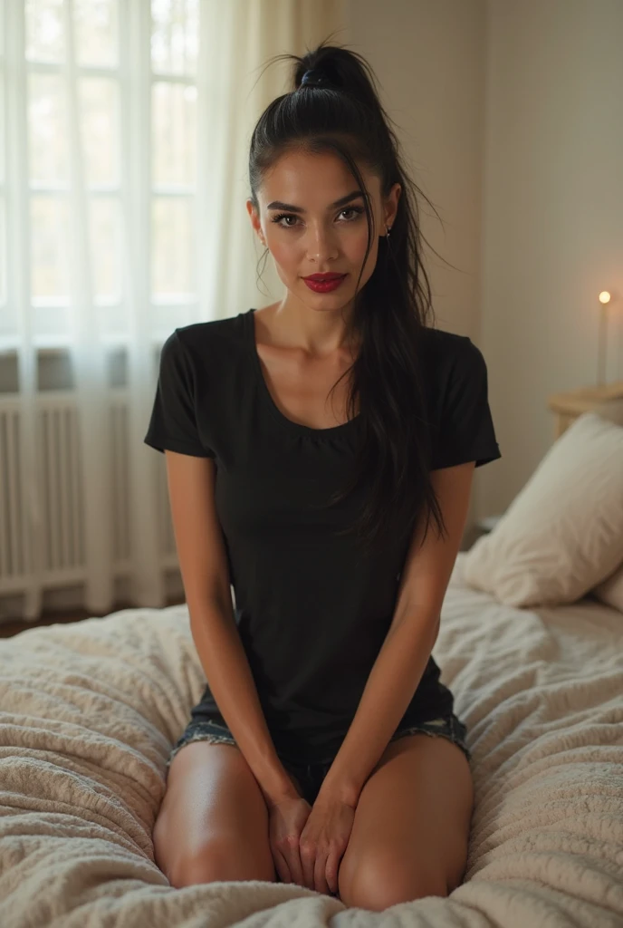 (masterpiece, top quality, absurdity: 1.3), illustration, medium bob, (subjective hands), grabbing breasts, cute girl, close-up, upper body, long black hair, loose red shirt, bed,