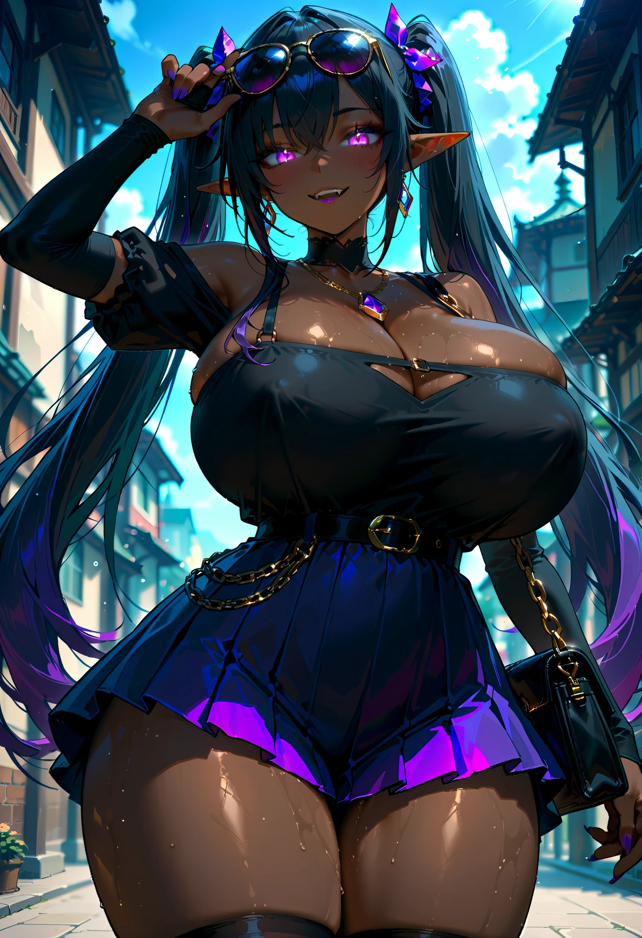 iridescent hair, black long braids, black cloth dress, strapless dress, tulle skirt, layered skirt, lustrous dark skin, black eyes, shopping mall background