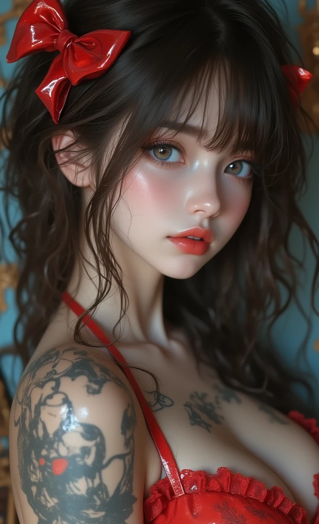 1 Girl, Beautiful, Baby Face, 20 Years Old, White Skin, Huge Chests, Colossal Breasts, Pose, Cleavage, Perfect Lolita Dress, White Eye, Muscles:1.3, Outdoor, Bokeh:1.1, Drill Hair, Tied Hair, ((Red Gradient Coloured Hair)), ((Tattooed:1.1))