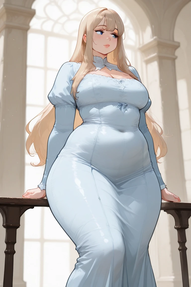 8k, masterpiece, very realistic, Full body (Sexy pregnant queen 1.2), very slim waist, slim thighs, elaborate detailed light blue detailed embroidered formal dress, long straight flowing blonde hair, elaborate detailed patterned white stockings, medium breasts, pregnant, (curved back 1.2), silver tiara with light blue gems