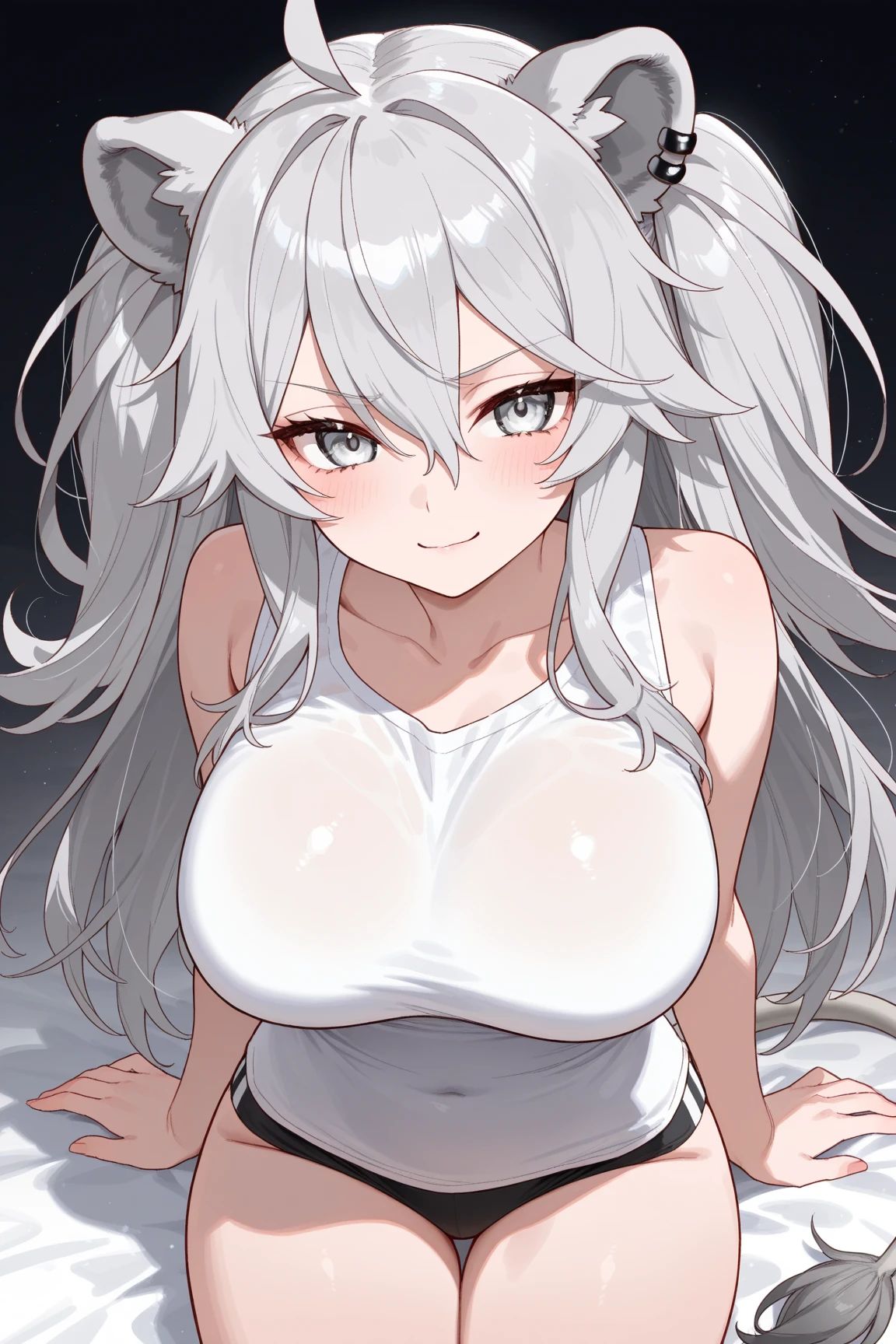 (Highest quality), (High resolution), (masterpiece), (Super detailed), Wolf Ears, Silver Hair, Long Hair, Light blue eyes, Blue Archive Art Style, One girl, Silky skin, Shiny skin, An athletic body, blush, Heavy breathing, chest, (A revealing, thin dress,No sleeve, Long slit, Not wearing underwear), Front view, (Bright saturation), Sexual pose, Dripping love juice, Heart Pupil, (大きなchest:1.1), (Saggy breasts:1.5), Expression of pleasure, Trembling with sexual climax, Heavy breathing, On the bed