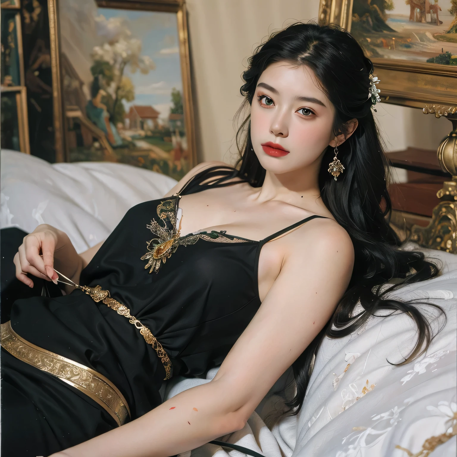 (masterpiece, high resolution, illustration:1.2), enchanting woman, (stunning black dress:1.1), (elaborate embroidery:1.2), (flowing locks of hair:1.1), seated on an ornate white sofa, (opulent decorative elements:1.2), (abundant adornments:1.1), (meticulous craftsmanship:1.2), a scene brimming with opulence and splendor, (captivating expression:1.2), (relaxed and graceful posture:1.1), (intricate details in decorations:1.2), a moment of enchanting allure, whimsical artistry.