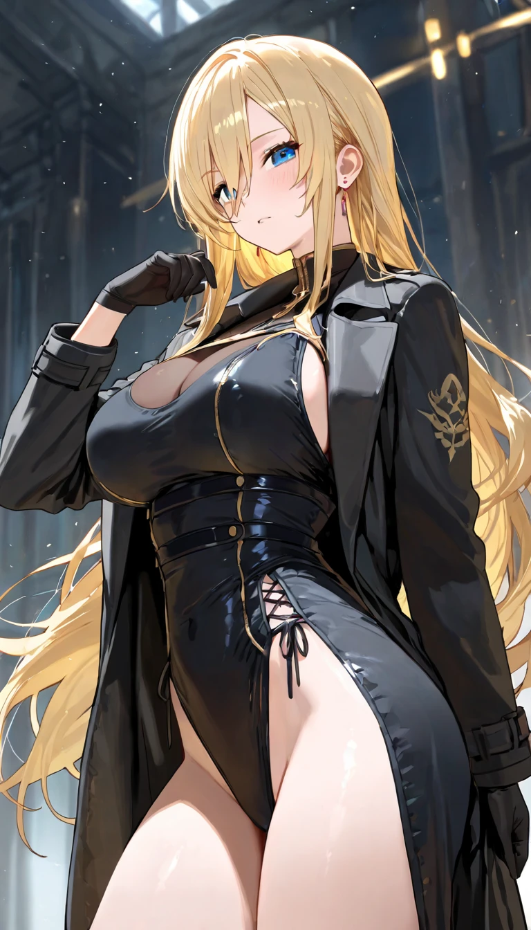 ((masterpiece)), ((best quality)), 1girl, adult, long hair, ((blonde hair)), very long blonde hair, ((intimidant look)), ((close-up)), profile image, green eyes, black and red clothes, sexy, dark colors, brillant eyes, ((coat with fur)), ((wavy hair)), exposed skin, ((sexy pose)), ((intimidant look)), good anatomy, ((dark sage clothes)), ((straight cut bangs)), emotionless, intimidant, ((beautiful eyes)), dark background, close up, ((detailed eyes)), beautiful eyes, ((detailed face)), hair bang, frontal look, evil, relaxed, smile, magical goddess othinus, detailed face, eyepatch, full body, ((detailed))