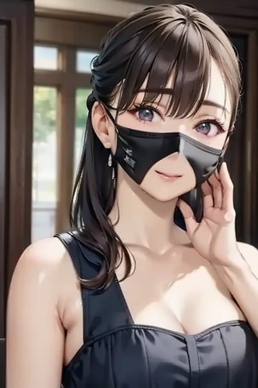 （a young woman taking a selfie:1.5),(He has a black mask on his face:1.5), she looks directly into the camera lens.(front focus), (in the dark:1.6), Hyperrealist portrait of female by david hockney and alphonse mucha, fantasy art, photo realistic, dynamic lighting, artstation, volumetric lighting, very detailed faces, 4 k, award winning, 1girl, in the dark, deep shadow, low key, Bust shot, standing, Realistic skin texture,short hair,Bobcut,Shiny black hair,(Big Breasts:1.5),Black underwear,Bedroom/
