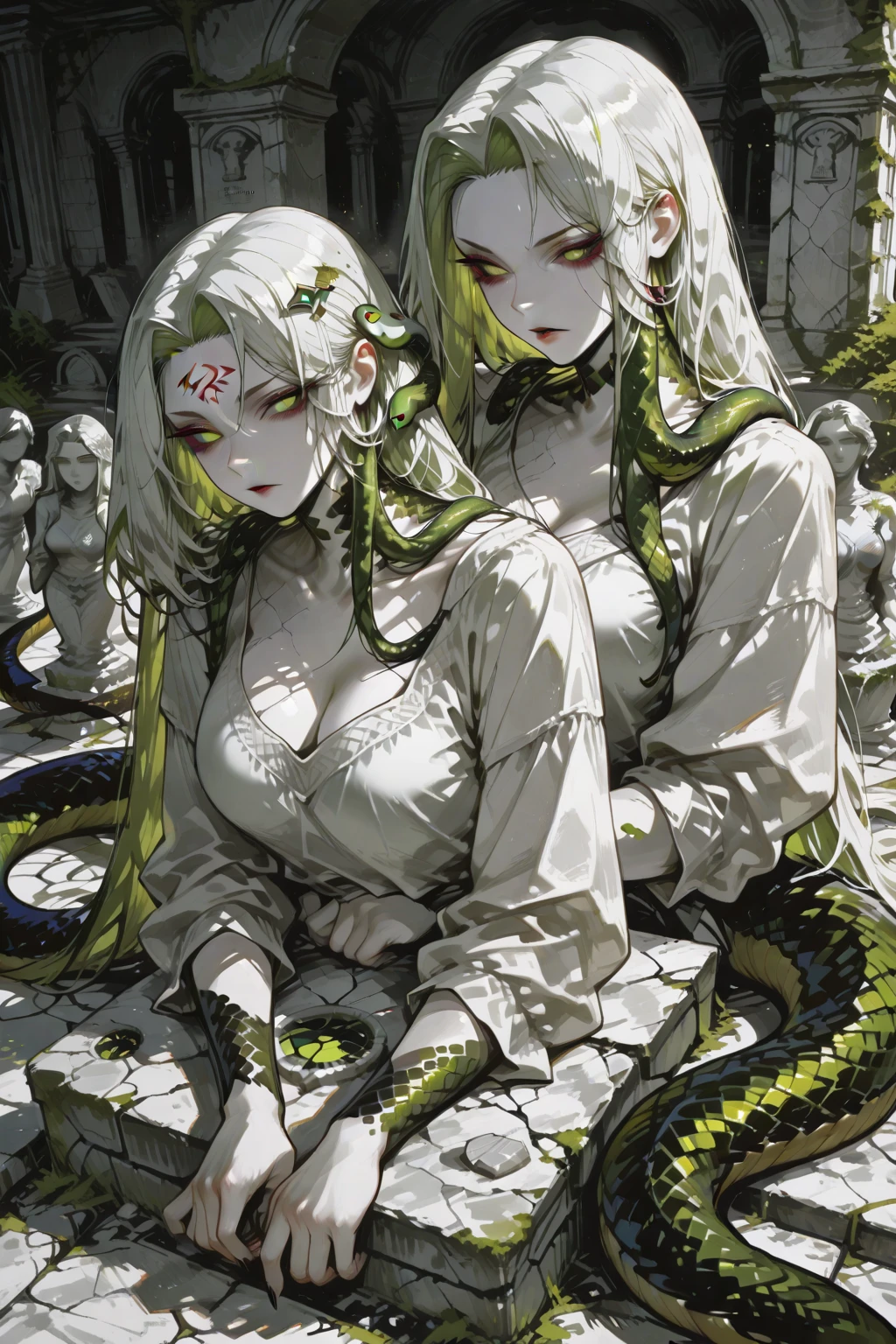 ((best quality)), ((masterpiece)), ((realistic)), Medusa, full body, the hair is composed of countless small snakes, green eyes, female face, metal carved top, royal aura, trend on artstation , sharp focus, studio photo, intricate detail, very detailed, detailed eye, illustration, very detailed, sharp focus, digital render, professional, 4k