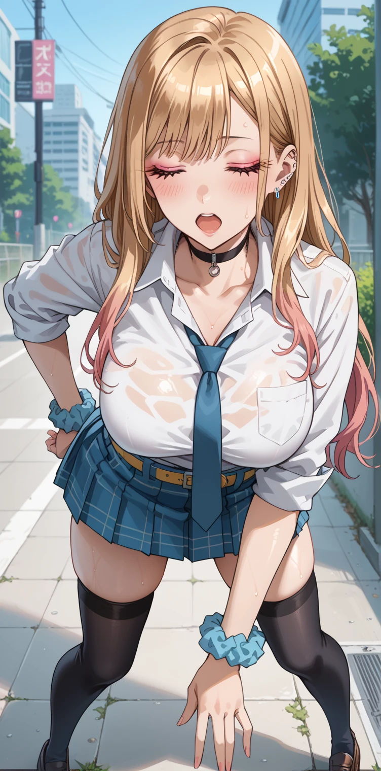 (masterpiece:1.3, highest quality, Ultra-high resolution, Super detailed), (Realistic:1.1, photoRealistic:1.4), Beautiful illustrations, Perfect lighting, colorful, Depth of written boundary,
Beautiful detailed hair, Beautifully detailed face, Beautiful fine details, Beautiful clavicle, Beautiful body, Beautiful breasts, Beautiful thighs, Beautiful feet, Beautiful fingers,
View your viewers, 1 girl, Japanese, high school girl, Perfect Face, (Perfect Anatomy, Anatomically correct), Cute and symmetrical face, Baby Face, Sunburn, Shiny skin,
(Middle Hair:1.5, Twin tails:1.2, Blonde), Asymmetrical bangs, blue eyes, Long Eyelashes, (Medium chest), thin,
((Collared short-sleeved shirt, Light blue shirt, , Grey plaid pleated skirt, Navy them)), Light blue panties or no panties,
(Beautiful views), evening, (Outdoor, distant cityscape), Are standing, (peace sign), (Cute smile, Upward glance, Open your mouth), opened button, showing breasts, showing nipple, exposing tits, NFSW