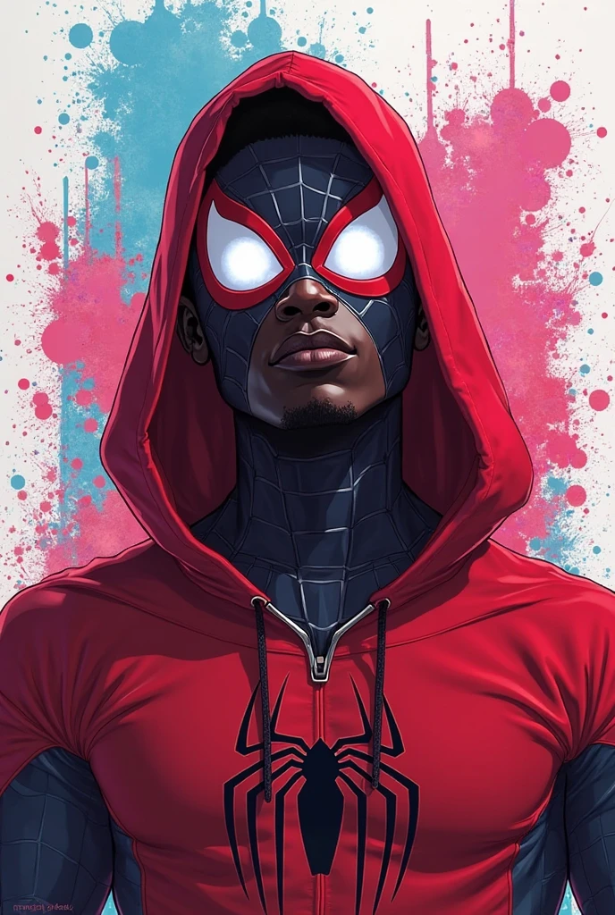 Miles Morales in his black Spiderman suit , comic type , without mask, with his arms behind his head , lying on a spider web and listening to music with big headphones