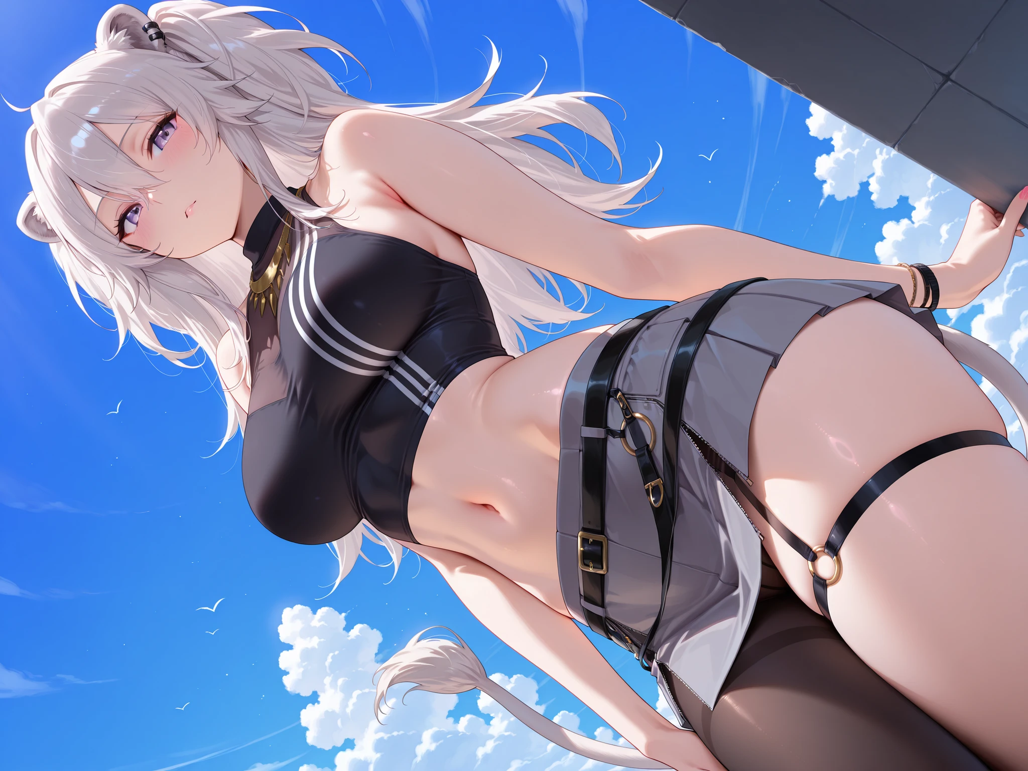 olo,masterpiece,best quality, amazing quality, highres, absurdres, very aesthetic, high resolution, ultra detailed, perfect details,botanIL, ear piercing, lion tail,botandef, long hair, navel, hair between eyes, two side up, black shirt, midriff, grey skirt, necklace, bare shoulders, miniskirt, single leg pantyhose, black pantyhose, sleeveless shirt, o-ring,,(masterpiece, detailed:1.2),