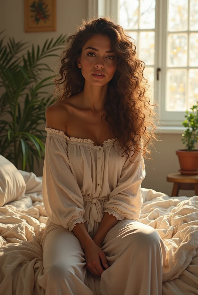 (photorealism:1.2), beautiful woman, sitting on bed, wearing loose off-shoulder top, pajama pants, long curly hair, indoors, soft lighting, plants in background, window with sunlight, cozy room, relaxed pose, realistic, intricate details, warm colors, by Greg Rutkowski, by Alphonse Mucha
