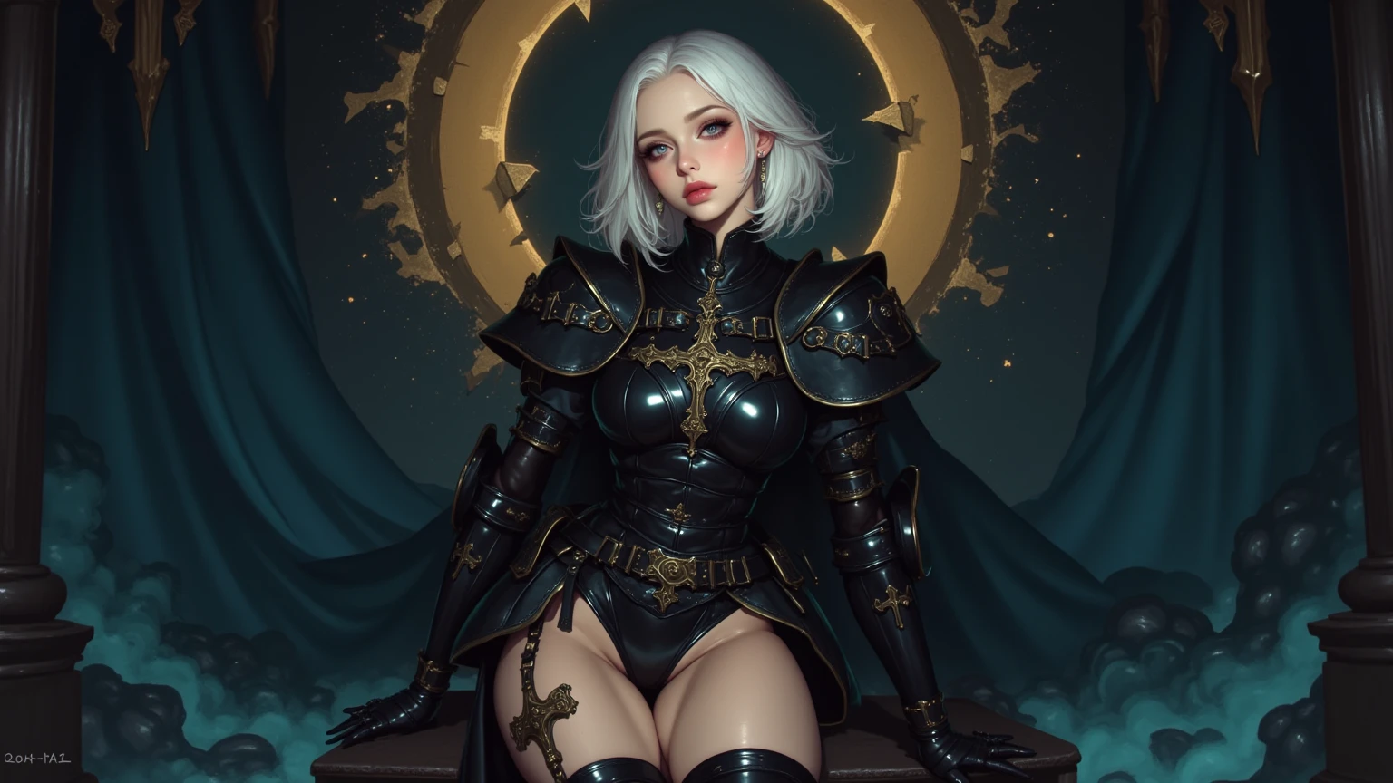 Presented in 8K resolution, this artwork is masterpiece-quality CG quality, with extremely detailed and realistic images, normal proportions, and the image of a nun. The nun tilts her head towards the audience, wears a large number of shackles and chains, wears erotic gold-rimmed corsets, erotic thigh straps, plump figure, flat chest, disgusted expression, and colorful hair. The work adopts an anime style, the skin texture of the characters is delicate, and the anatomy is correct. High image quality, reaching 16K resolution, with a dark style Catholic church in the background. Erotic character tattoos, gorgeous uniforms, nuns' clothes are gold-rimmed, the perspective is unique, and the picture is full of evil emotions. An evil light shone above, creating an even more terrifying atmosphere. Maid uniform, blonde hair, golden eyes, gold socks, golden gloves, looking at you, double tail, 1 girl, small chest, despair, masterpiece level CG quality, 1 girl in the picture, behind her arms, back against the wall, head tilted towards the viewer, wearing a thigh strap.
