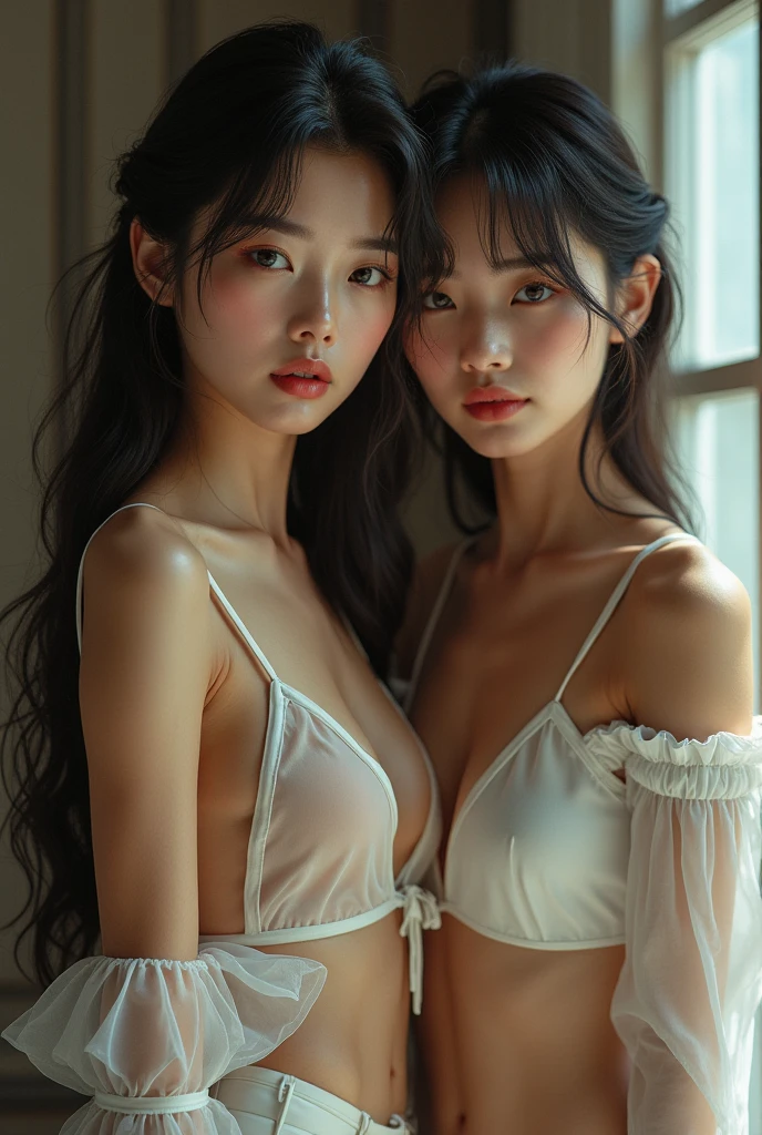 Highest quality, masterpiece, Ultra-high resolution, (Realistic:1.4), RAW Photos, (Real skin texture:1.3), (Film Grain:1.3), Panorama, Portraiture, Very wide shot, Tight waist, Cowboy Shot, (in the dark, Deep Shadow, secret key, Cold Light,) night, close, Tears flow, indoor, Dust, Tyndall effect, sad, It was too bad, dark (performance), Sitting, (Against the wall), Are crying, Frowning, (head lowered), Nervous, tear up, , 1 Junior Idol, The body is slim、Beautifully detailed eyes and face, double eyelid、Tear bags、Watery eye、(Lifting something large from a torn white jabot、、 かわいいピンクのNipples)、Off the shoulder, Brown eyes, Nipples, Small breasts, (White loincloth),
