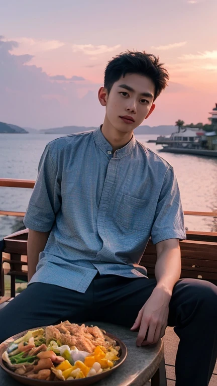 ((realistic daylight)) , Young Korean man in only a black t-shirt, no pattern. (Denim coat) Jeans, A handsome, muscular young Asian man looks at the camera. In a simple t-shirt blue and red , By the waterfall ,turn sideways