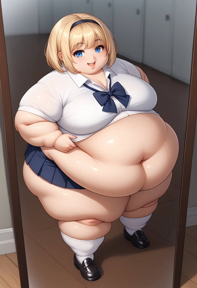 a picture of a small obese child standing behind a door, his face is half hidden, he smiles, evil smile, obese child, loli, blond hair, curly hair, red eyes glowing eyes, wearing white shirt, wearing short pants, modern day child room background, obese loli, toys spread background, big cheeks, small height, sexy child