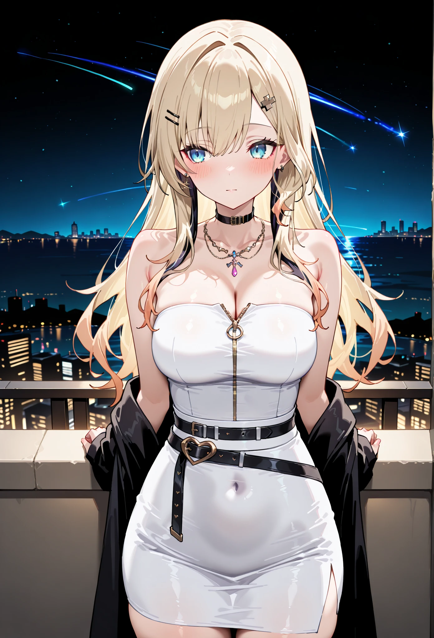 (masterpiece, best quality:1.2), intricate details, 1girl, solo, sky striker ace raye,cityscape ,blue eyes,long Blond hair, black headdress.Dark brown tie, jumping down from the rooft of a building,raining,stars,night,narrow bust,frontal view,(mature female:1.2),huge breasts:1.6,thin body