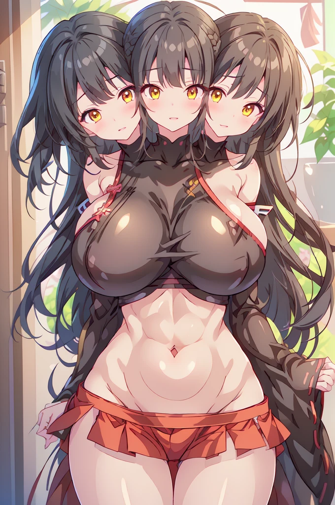 (masterpiece, best quality:1.2), (detailed face and eyes:1.1), Tifa Lockhart, (mature woman), muscular, athletic, cheerful, gorgeous heart-shaped face, toned body, hourglass figure (massive breasts), long dark hair tied with ribbon at the end, ((Aerith costume)), realistic, seductive, red eyes