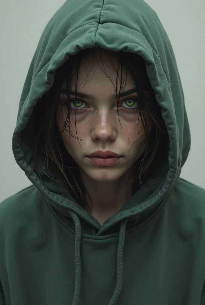 Girl, with hoodie, green skin, green eye