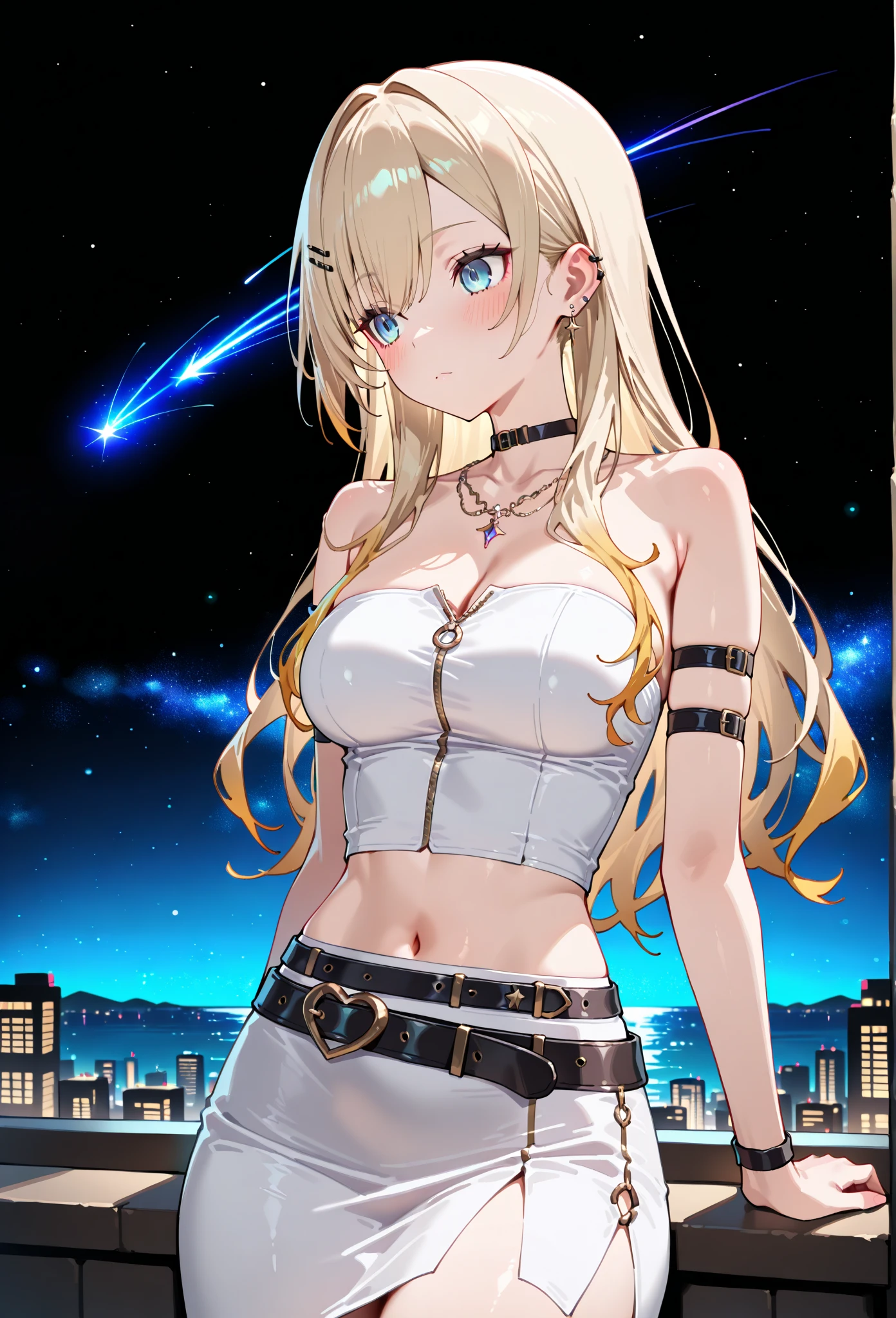star \(sky\), starry sky, night, 1girl, night sky, breasts, sky, thigh strap, jacket, shooting star, long hair, solo, cleavage, shorts, large breasts, bare shoulders, moon, thighs, off shoulder, skyscraper, very long hair, city lights, black shorts, looking at viewer, stairs, full moon, skindentation, skyline, mole, aurora, o-ring, short shorts