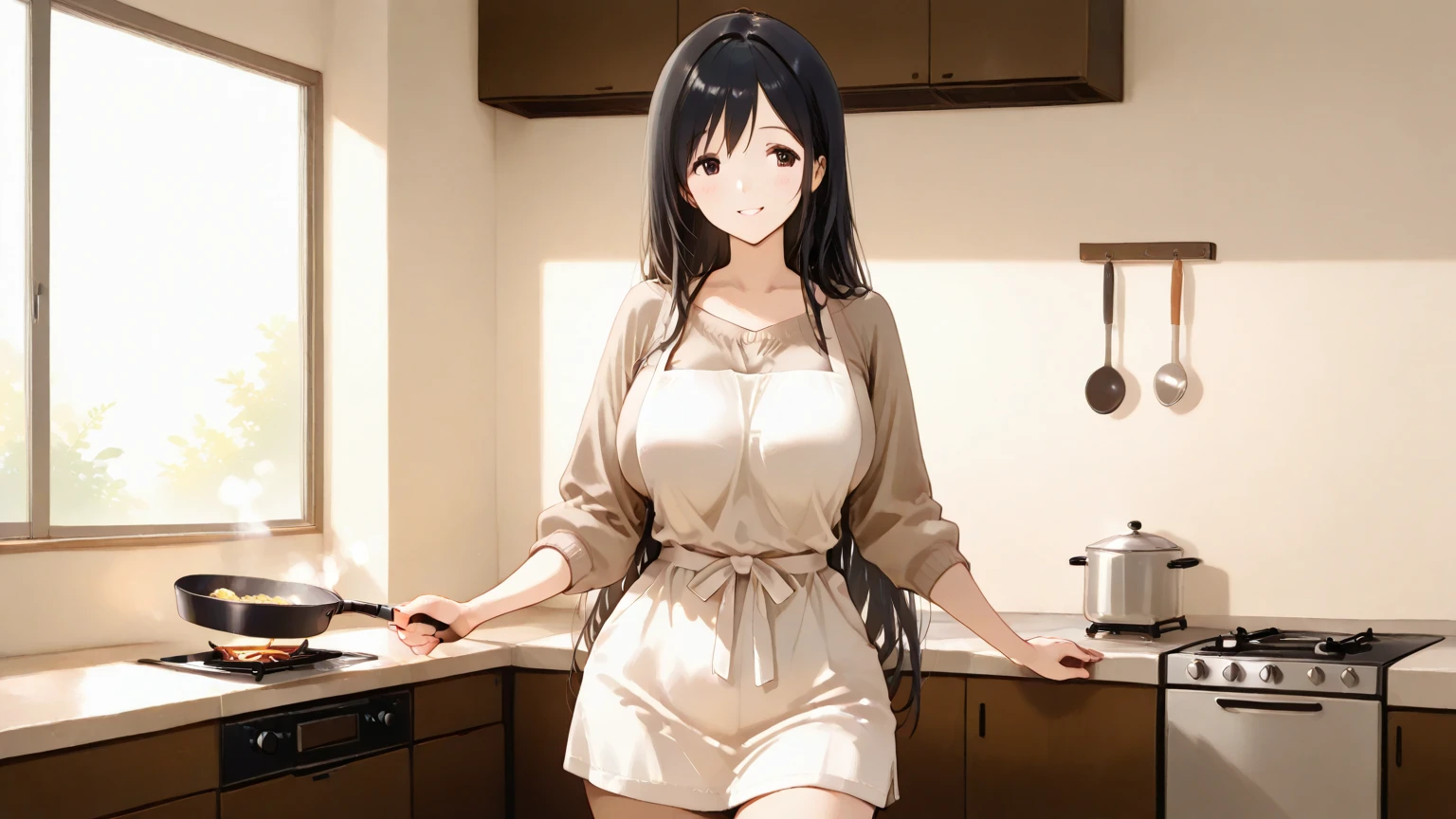 One girl, alone, May, Long black hair,(naked:1.3), (White apron), Large Breasts, Cleavage, Thighs, Cafe Background, (blush:1.2), smile , Purple eyes