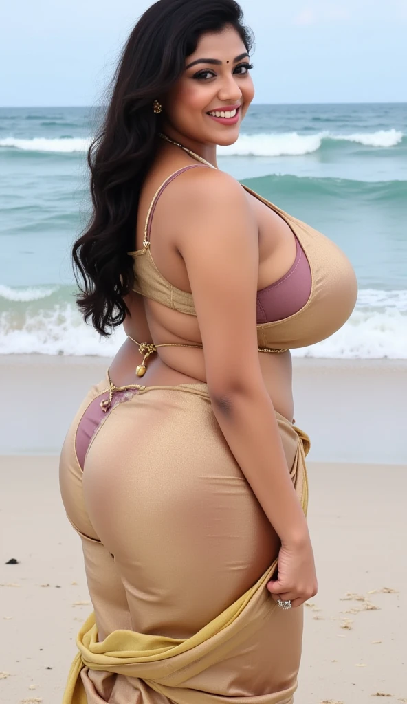 (masterpiece), perfect face, beach background, 1 hot indian woman, seductive face, big body, visible full body, naked, nude, without clothes, no underwear, full body wet juicy, sweaty, solo focus, solo woman, big shoulders, big arms, big boobs, visible nipple breasts, dark black nipple color, hands holding breasts, big waist, visible pussy, visible vaginal, dark black vaginal color, visible vaginal hair, pubic hair, big thighs, big buttocks, big calves, big ass, big butts