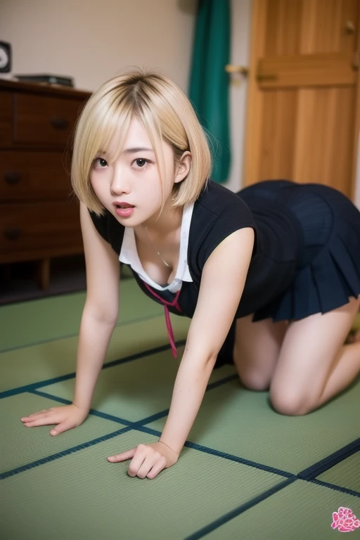 (Natural blonde and redhead Japanese girls with cute faces), (((Cute dress:1.4, On all fours))), (Perfect proportions), Atmospheric, Dark atmosphere, (Naughty lighting), ((Sayaka Yamamoto's facial features)), 8K, Full 体 portrait, Natural light, Spooky greenhouse at night, Sharp focus, (Highly detailed eyes and face:1.1, Professional photography techniques), (Beautiful small face, 16 year old beautiful girl, high school student, Idol Face:1.2, Baby Face), Japanese, Happy, K UHD, Hmph, Beautiful and soft skin, Vibrant Skin, blush, ((Beautiful breasts:1.4, Cleavage)), (Small beautiful butt), (Detailed hands and arms:1.2), (Beautiful little hands of a girl:1.2, Nasty hands:1.2), (Perfect Anatomy:1.4), (Highest quality, Masterpiece, Highest quality, Ultra high definition, Photorealism:1.4), (A mean look:1.3), (Detailed legs:1.2)