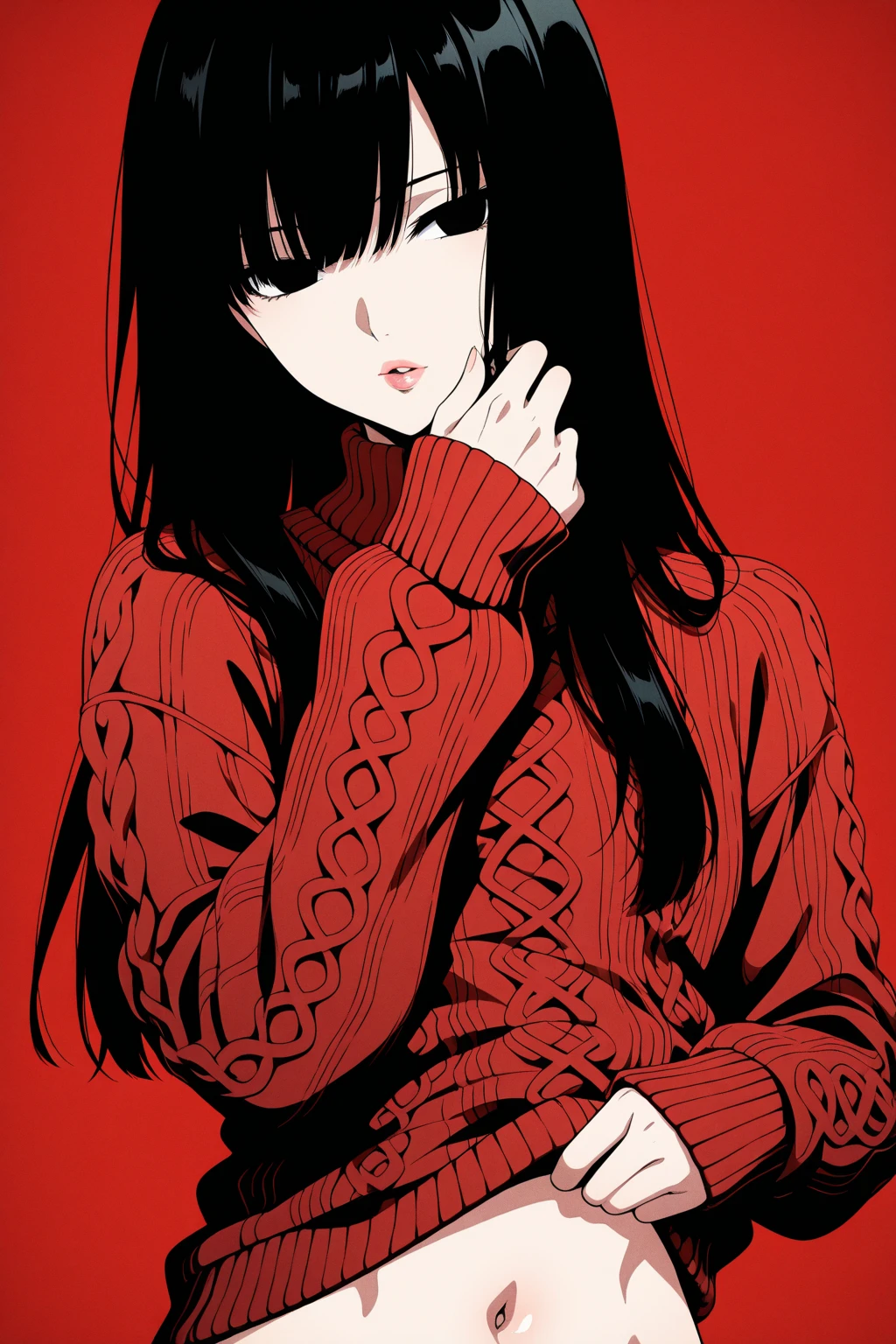 Anime - style illustration of a woman in a black dress holding a red ...