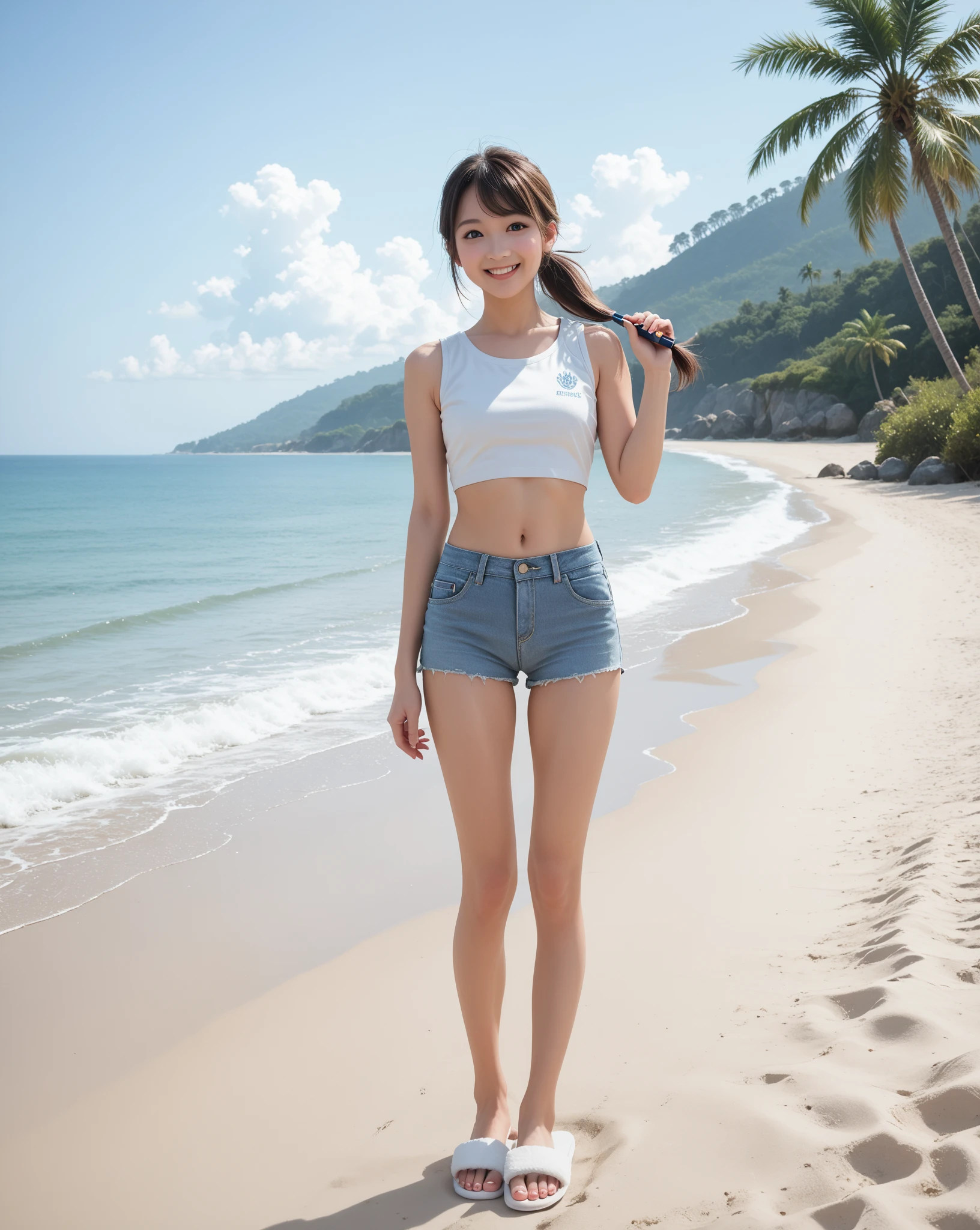 (in 8K, Best Quality, masuter piece, 超A high resolution:1.2),
Photos of Japan women, 12year old, Camisole, Shorts, Smile, (Bun Hairstyles),Sandy beach background,Thigh Focus, Standing,