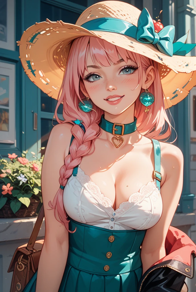 Generates a woman dressed as a cowgirl with brown suspenders. ,Gun belt and bandana、Black clothes、genitals visible、topless、naked、Nipples、Big Breasts、smile、same person、Unlikely、Pink Lips