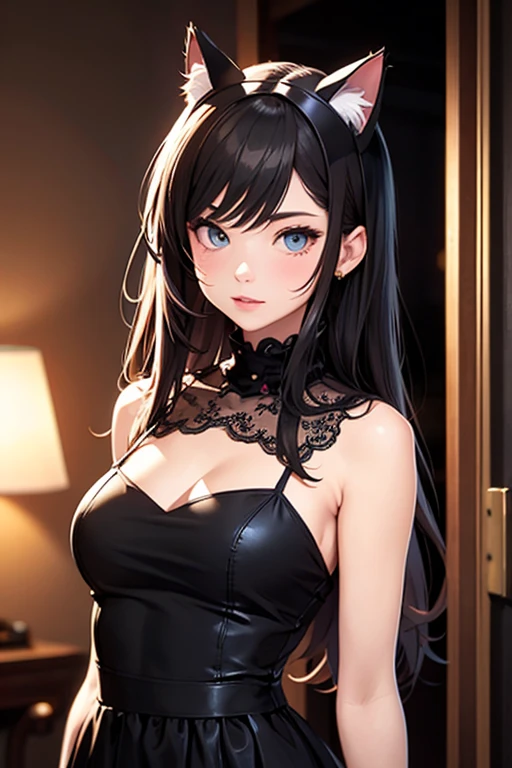 light effect, soft, super clear, high-definition picture, (front), masterpiece, cinematic lighting, Hinata Uzumaki, white eyes, byakugan eyes, black long hair, no pupils, 1girl, solo, looking at viewer, smile, large breast, open shoulder, black-pink lingerie