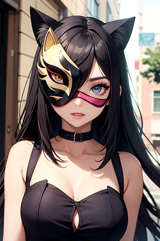 full body, cowboy shot, Masterpiece:1.2, high quality, best quality, high resolution, detailed, hyper realistic, 1girl, medium brown hair, blue eyes, head tilt, sunset, birds flying, cherry blossom, closed eyes, smile, showing teeth, (detailed face), ((sharp focus)), (full body shot), neon signs, ancient ruins, robot (robot fox face mask), (fishnet)