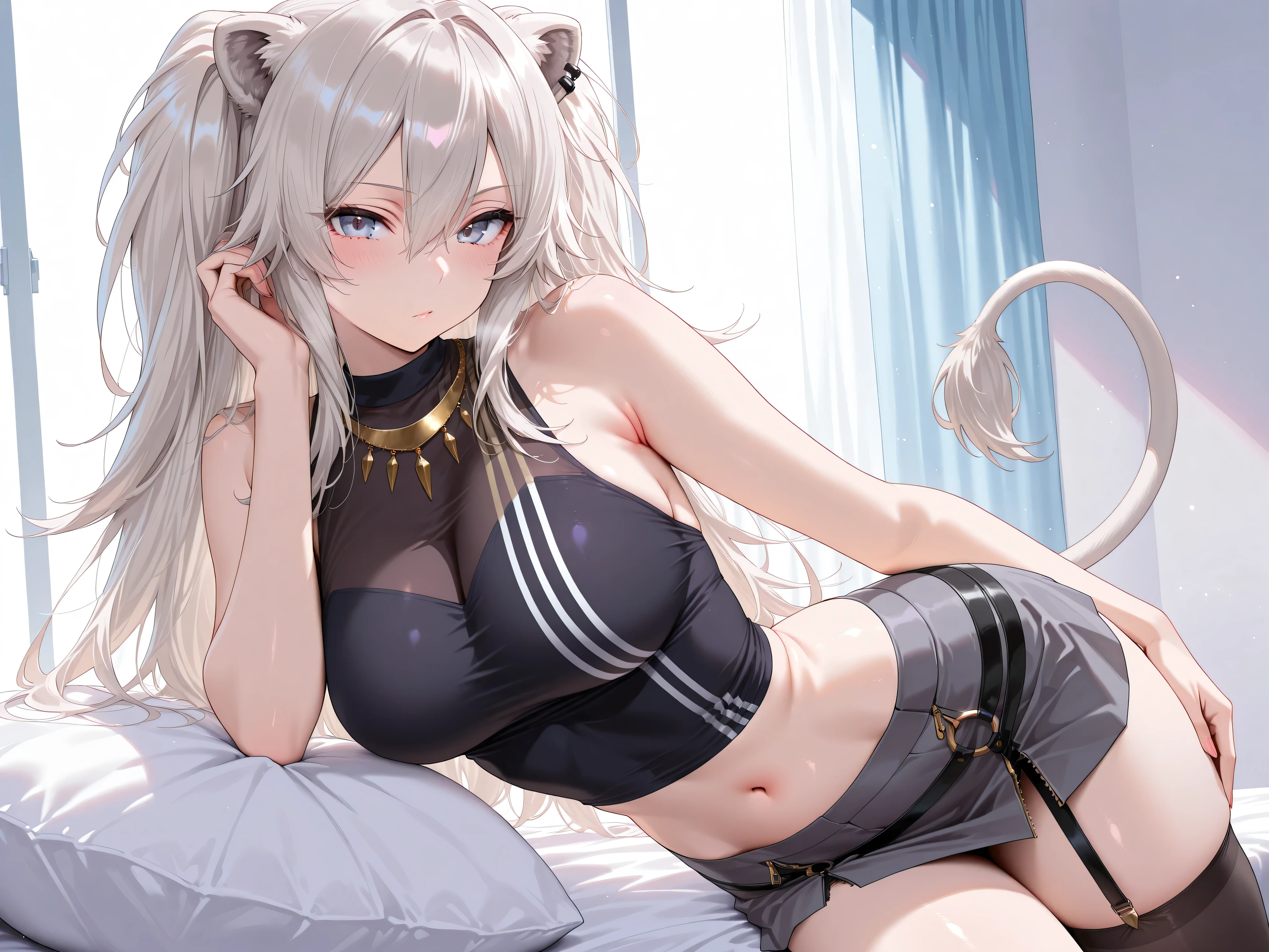 olo,masterpiece,best quality, amazing quality, highres, absurdres, very aesthetic, high resolution, ultra detailed, perfect details,botanIL, ear piercing, lion tail,botandef, long hair, navel, hair between eyes, two side up, black shirt, midriff, grey skirt, necklace, bare shoulders, miniskirt, single leg pantyhose, black pantyhose, sleeveless shirt, o-ring,,(masterpiece, detailed:1.2),looking at viewer