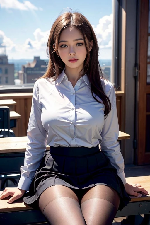 highest quality, masterpiece, High definition, 16K quality, beautiful , Light brown medium hair, 明るい茶色のbeautiful目, uniform, White blouse, black_pantyhose, White panties showing through pantyhose, Plump and large breasts, Large breasts sagging due to gravity, Blushing, She is looking at the camera, A dreamy look, Spread your legs, night classroom, Bright red sky, beautiful clouds in madder color,