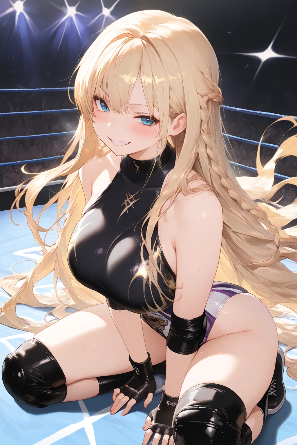 (masterpiece image, very detailed image, best high quality high definition image High very detailed Quality image, Very detailed high quality image), solo character, female wrestling having a break relaxing moment
1girl, absolute beauty, 28 years old, fair pale skin, light blue eyes, beauty features, long blonde golden hair tied in two pigtails with pink ribbons and blonde golden hair curly fringe near the nose, big breasts, round butt, beautiful legs, (light pale blue one piece leotard with a white stripe line in the belly and a grey spandex shorts under the leotard, grey knee pads, light pale blue wrestling boots, light pale blue arms sleeves, grey elbow pads), friendly smile
Dirty gym and wrestling ring
