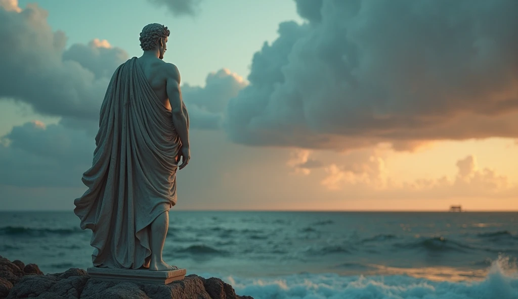 A young man in ancient clothing, his back to the viewer,Domineering standing,One hand behind your back,One hand outstretched forward,The tone is dim