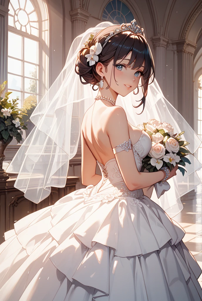 brunette girl, bangs, short pigtails, brown eyes, wedding dress