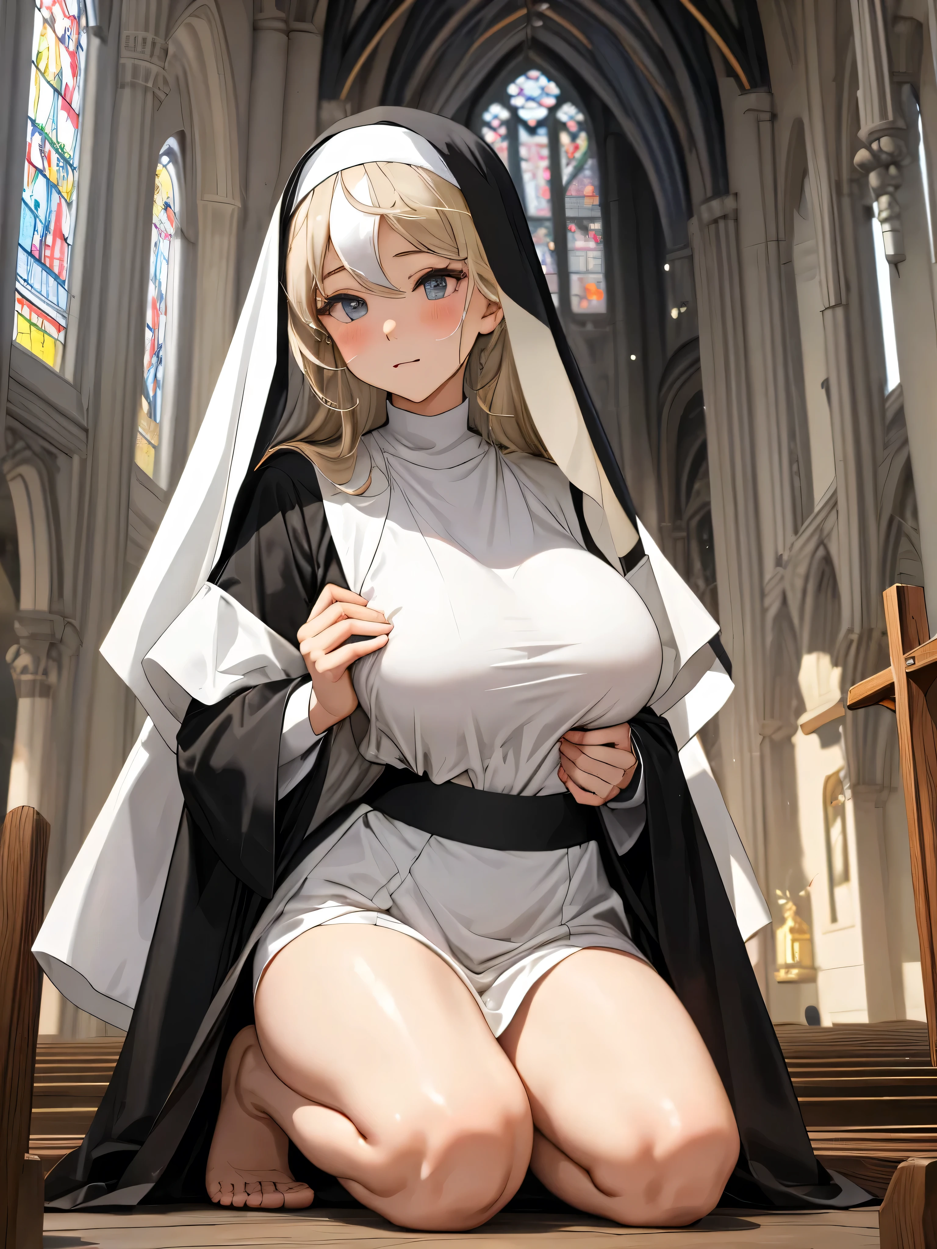Girl with huge breasts in a nun's outfit with a huge lace neckline praying in the church