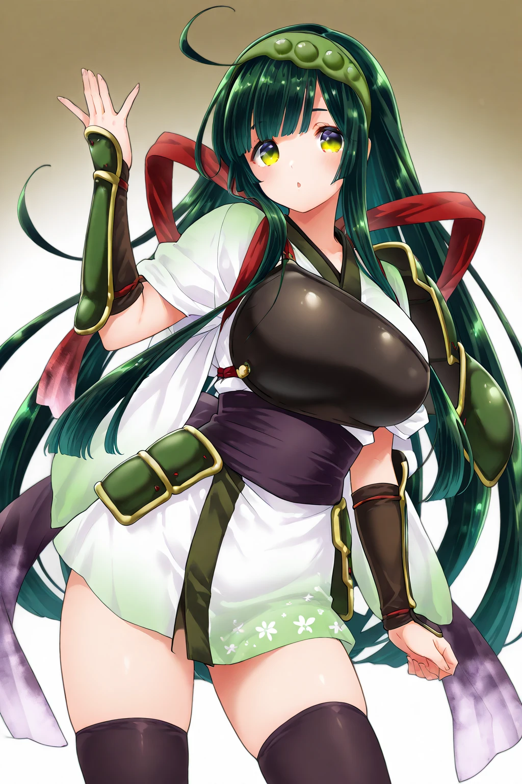 1girl, green hair, long hair, yellow eyes, light smile, glowing eyes, large breasts, thick thighs, athletic female, toned, leotard, black leotard, thighhighs, arm strap, thigh strap, black thighhighs, belt, knife, pantyhose, black pantyhose, ninja, kunoichi, scarf, robe, cape