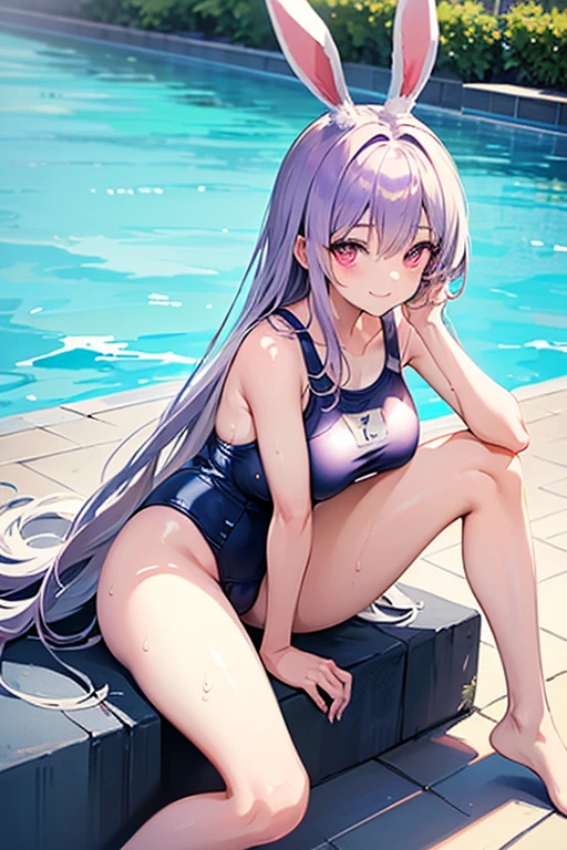 Light purple hair, white hair, long fluffy hair, wearing navy school swimsuit, swimsuit with "brood" drawn, pool background, purple eye color, red pinned bangs
