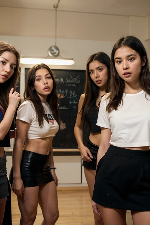 (best quality), (masterpiece:1.2), wide angle photo, full body photo, group photo, 5 women schoolwomen, 56 years old, faces marked by age, guilty faces, skin imperfections, acne, chapped lips, sad wistfully, diverse ethicities: ebony, black, white, nordic, indian, diverse hair colors: redhead, blonde, afro, twin braids, heavy freckles, pale skin, makeup, earings, crowded classroom, morning, school, crowd of people, Japanese school uniforms, unbottoned blue shirts, tight shirt, alluring pose, black stockings, open jacket, sexy neckline, large neckline, 16k, photorealistic, real photo, nikon d800, (YES SFW)