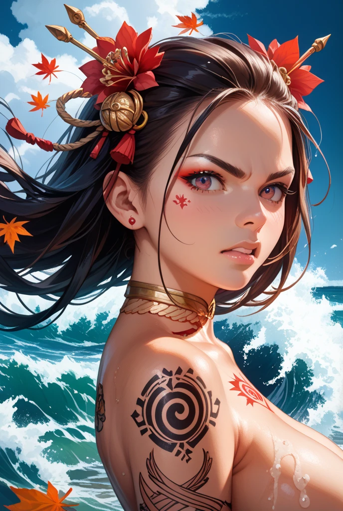 (open image) (kaisen jujutsu style), (line art:1.5), (1 woman:1.3), ((color)), Brazilian indigenous woman, indigenous clothes, brown skin, dramatic pose, by the sea, (masterpiece, superior quality, best quality), extremely detailed background, good composition, good anatomy, perfect lighting, good shading, (realistic:1.3) --auto --s2