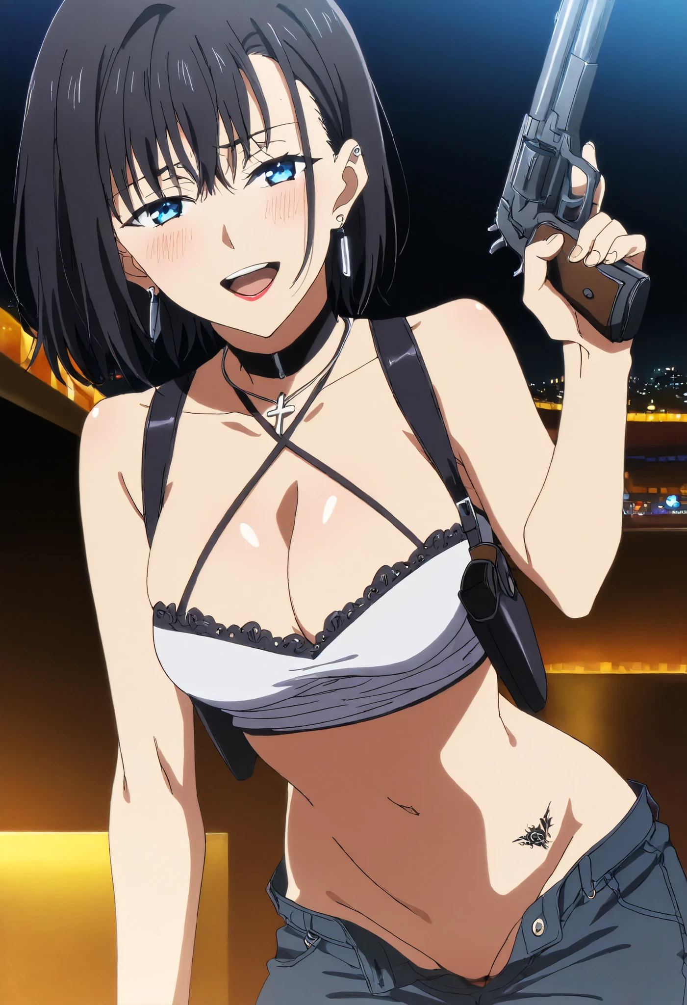 score_9,score_8_up,score_7_up,score_6_up, source_anime, girl, medium hair, black hair, blue eyes, loop earrings, black choker, ear piercing, lipstick,Hot girl, baddie, smoking, bad attitude, mean girl, sensual, attractive, ,cross necklace, bar background, inside bar, indoors, cityscape, casino, nightclub, city lights,,pull_down jeans(show off panties,:1.2, no panties),masterpiece,high quality,4k,belly,,holding pistol,cleavage, ,unbuttoned shirt, collared shirt, knot, smile, open mouth, () , evil expression,belly, exposed navel, exposed midriff, exposed lower belly,dragon print jacket, unbuttoned jeans , low rise black jeans, Low rise jeans with open fly, , criss-cross halter, shoulder holster, , medium ,dragon tattoo on waist, narrowed eyes, tattoo on waist, anipai_style , anime screencap , anime coloring