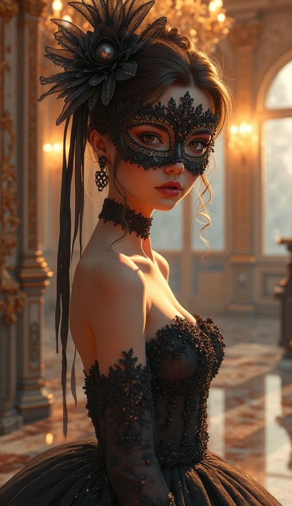a close up of a beautitful young woman wearing a transparent lacy mask, dreamy gothic girl, elegant render, half body photo, large breasts, ample cleavage, mistress, photoshop render, ebony rococo, elegant girl, medium length brown hair, hair parted to one side, blue eyes, portrait Lika Red, female spy, haunting beautiful young woman, super-hero girl, extravagant dress, beauty girl